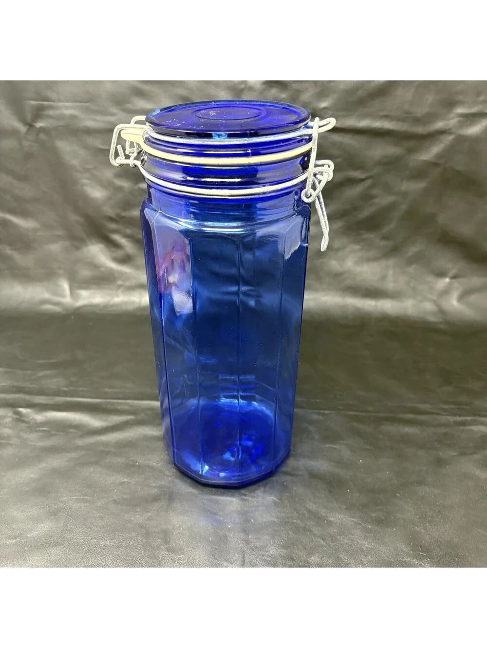 Cobalt Blue Jar Glass Storage Holder With Attached Wire Locking Lid 10” Tall